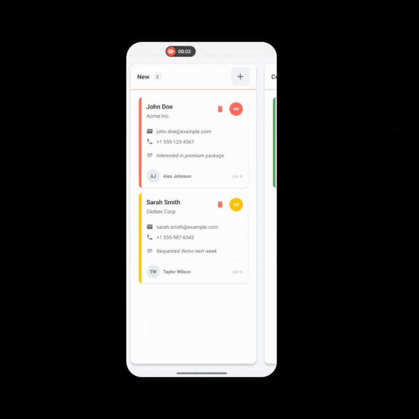 Kanban board with cards being dragged between columns